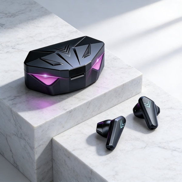 Black RGB charging case with two gaming earbuds, glowing pink-purple accents