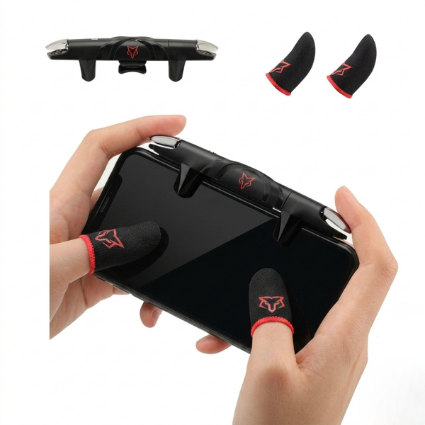 Pair of black gaming finger sleeves with red tips for touch screen controllers