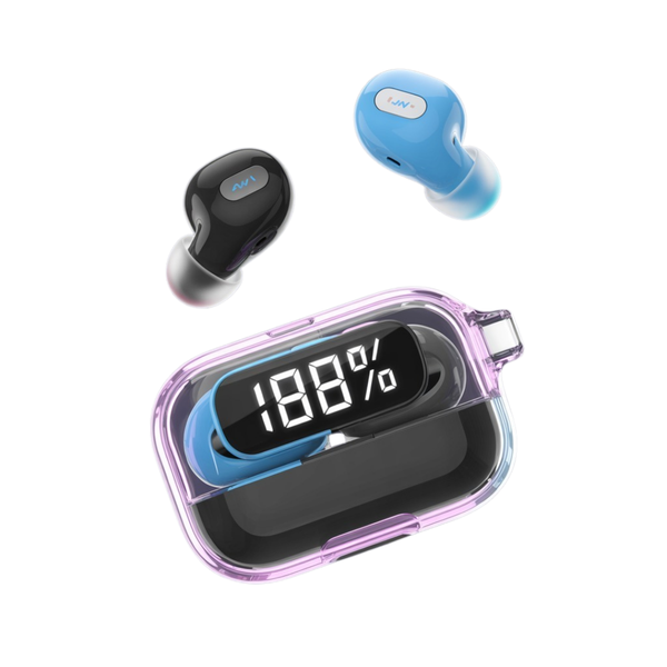 Transparent TWS earbuds with LED battery display on open blue case