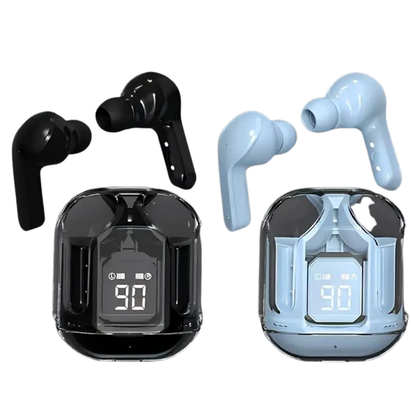 Pair of transparent TWS earbuds with LED battery display on black and light blue cases