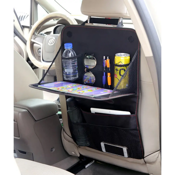 Car Seat Back StorCaage Bag – Foldable Organizer with Dining Table Tray for Travel and Car Interior Storage
